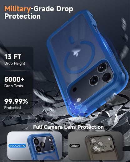seacosmo for iPhone 17 Pro Case, Full Body Bumper with Built-in Tempered Glass Screen and Camera Lens Protector, Compatible with MagSafe, Shockproof 17 Pro Phone Case, 6.3", Blue Matte
