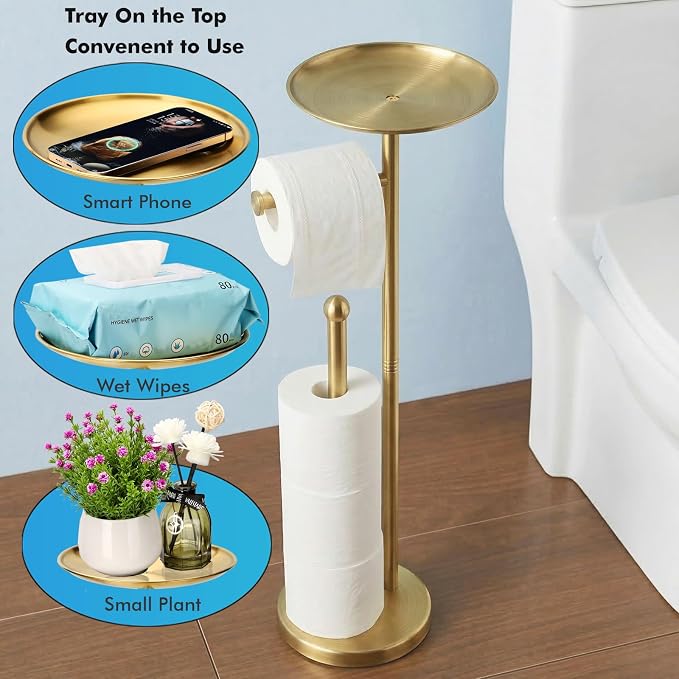 Gold Toilet Paper Holder with Shelf, Freestanding Toilet Paper Holder Stand with Storage for Holding Extra 4 Toilet Paper Rolls, Heavy Base No Tipping Over (Stainless Steel, Gold)