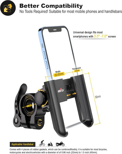 Grefay Bike Phone Mount Universal Motorcycle Handlebar Phone Holder 【1S Quick Release】 Anti Shake Bicycle Phone Clamp for Road Bike/MTB/Scooter with 360 Rotation for 3.5-7.0 inches Smartphone