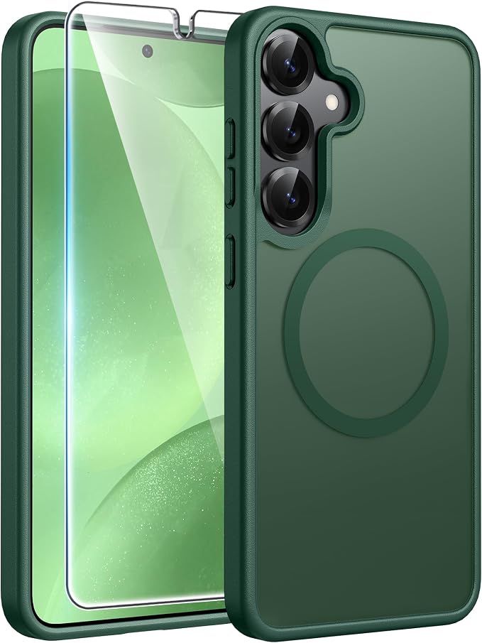 FNTCASE for Samsung Galaxy S25/S24 Case, Fit for Magsafe, Screen Protector | Translucent Matte Magnetic Back, 14FT Military Grade Drop Protection, Shockproof Protective Phone Cover, Green