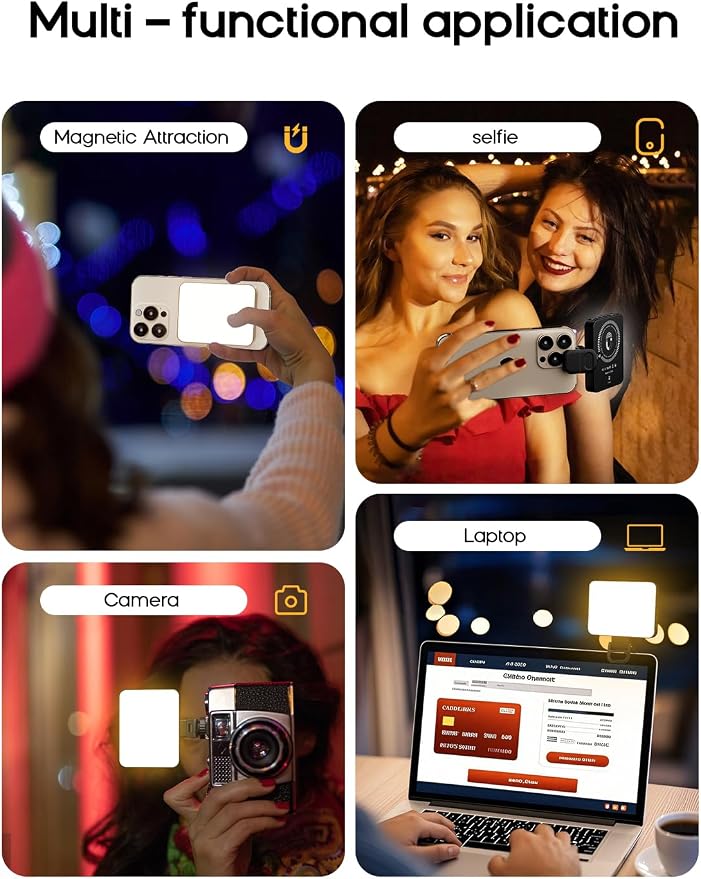 Magnetic Selfie Ring Light with Clip – 128 LED Rechargeable Phone Light for iPhone/Android/Camera/iPad/Laptop – Adjustable Brightness for Video Calls, Makeup, TikTok, YouTube, Live Streaming