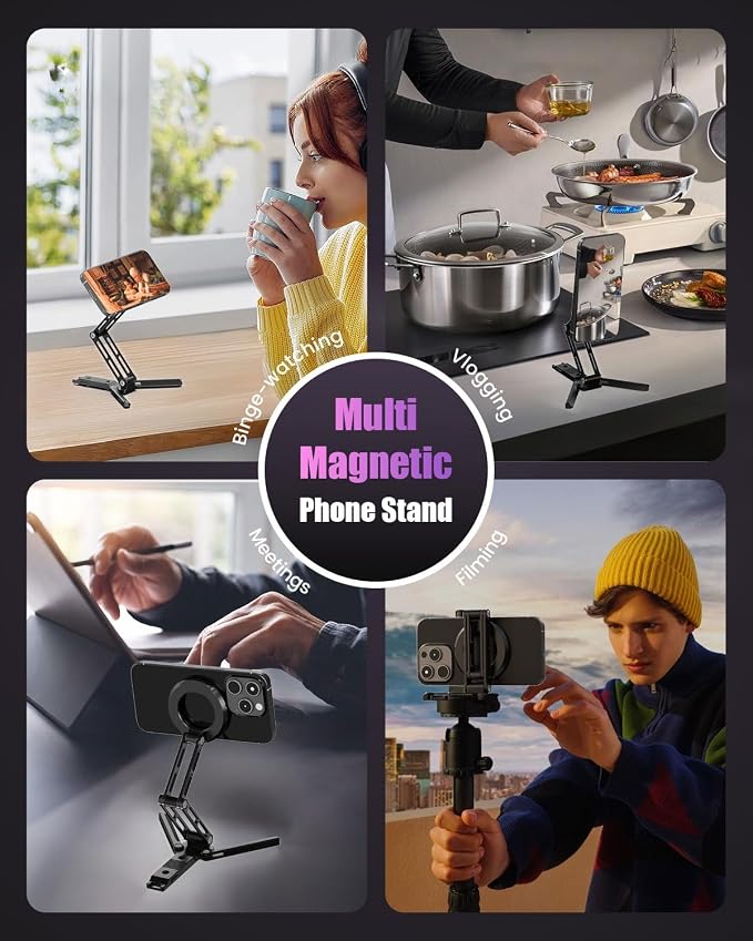 CAMBOFOTO Magnetic Phone Tripod Stand for iPhone, Aluminum Strong Magnetic Pocket Cell Phone Stand, Arca-Swiss Compatible with iPhone 17 16 15 14 13 12 Series/Android (Light Black)