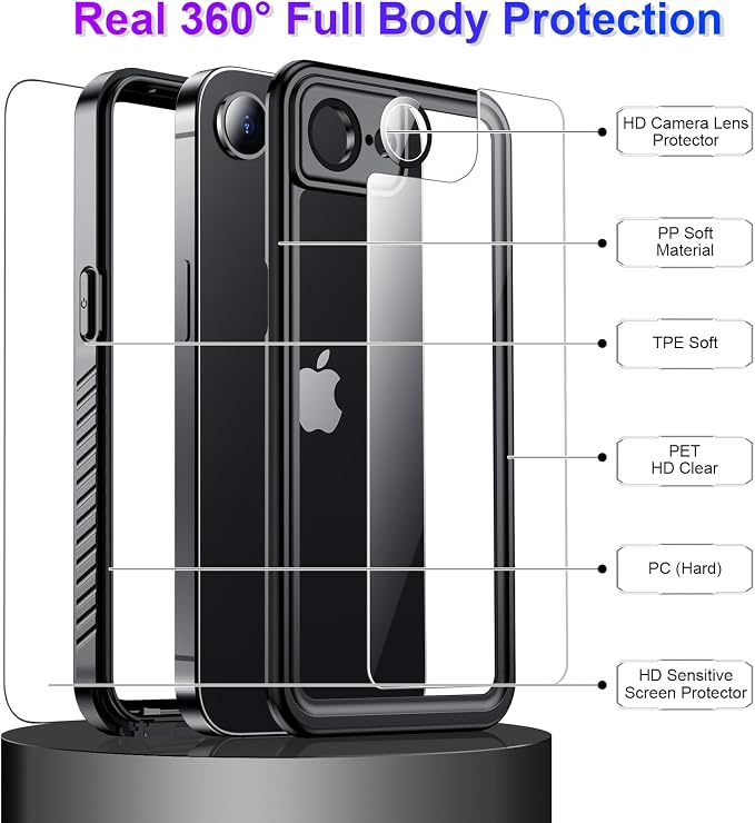 Temdan Compatible with iPhone 16e Case Waterproof, Built-in Screen & Camera Protector IP68 Underwater Full Body 16FT Military Dropproof Shockproof Phone Case for iPhone 16e 6.1"-Black/Clear
