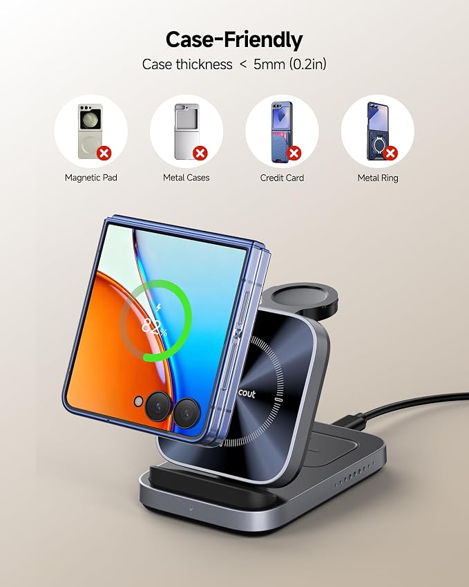 SwanScout Wireless Charger for Samsung Z Flip 7/7 FE/6/5/4/3, 3-in-1 Charging Station for Galaxy Watch 8 Classic/8/Ultra/7/FE/6/5/4, for Motorola Razr 60/50/40, SwanScout 713F (NO Adapter)