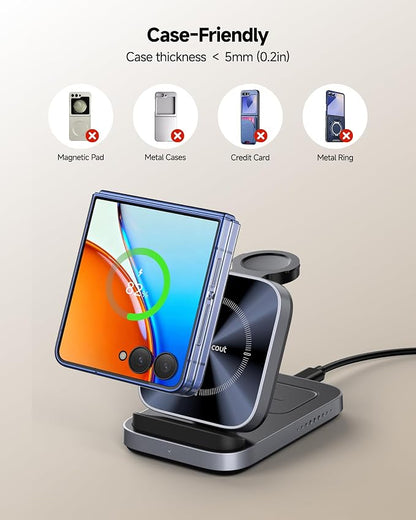 SwanScout Wireless Charger for Samsung Z Flip 7/7 FE/6/5/4/3, 3-in-1 Charging Station for Galaxy Watch 8 Classic/8/Ultra/7/FE/6/5/4, for Motorola Razr 60/50/40, SwanScout 713F (NO Adapter)