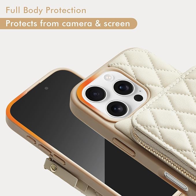 LAMEEKU for iPhone 17 Case Wallet with Card Holder, Wrist Strap Crossbody Phone Cover for Women 6.3" Beige