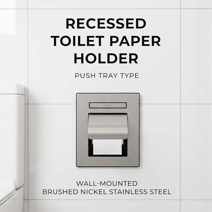 KAISERAUM Recessed Toilet Paper Holder with Pop-Out Shelf, Tissue Paper Roll Holder with Anti-Drop Phone Tray, SUS304 Stainless Steel, Brushed Nickel, GP-014TN, Max Paper Roll Size (4.7x5.5 inches)