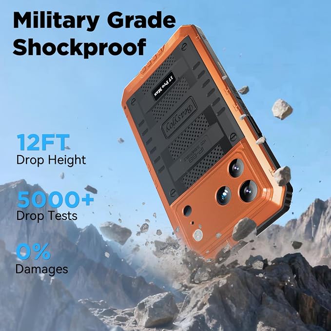 Beasyjoy for iPhone 17 Pro Max Case Waterproof, Heavy Duty Metal Case with Built-in Screen Protector, Full Body Rugged Military Grade Shockproof Dustproof Cover for Construction Outdoor 6.9", Orange