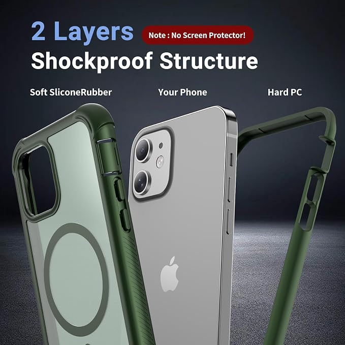 jaroco Magnetic for iPhone 12/12 Pro Case, [Compatible with MagSafe][Military Grade Drop Protection][Heavy Duty Protection][Non-Slip][Shockproof] 2-Layer Durable Bumper Phone Case 6.1''-Army Green