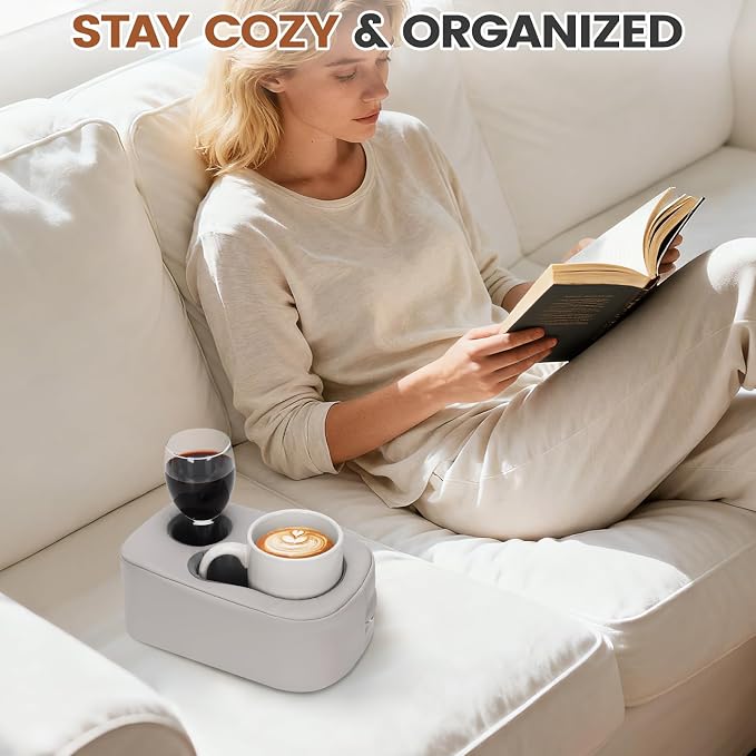 G GOOD GAIN Couch Cup Holder Pillow - Sofa & Bed Organizer Caddy for Drinks, Phones, Remotes, Snacks | Portable Tray for Car, Boat, RV, Picnic,PUGrey