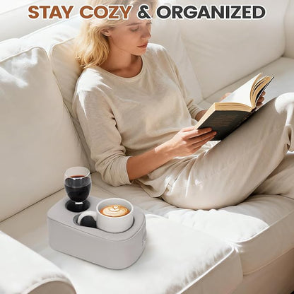 G GOOD GAIN Couch Cup Holder Pillow - Sofa & Bed Organizer Caddy for Drinks, Phones, Remotes, Snacks | Portable Tray for Car, Boat, RV, Picnic,PUGrey