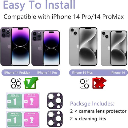 2 Pack Camera Lens Protector for iPhone 14 Pro/14 Pro Max,Metal AR Tempered Glass Rear Camera Screen Cover,Anti-Scratch,Strong Adsorption,Case Friendly, Easy to Install-Dark purple