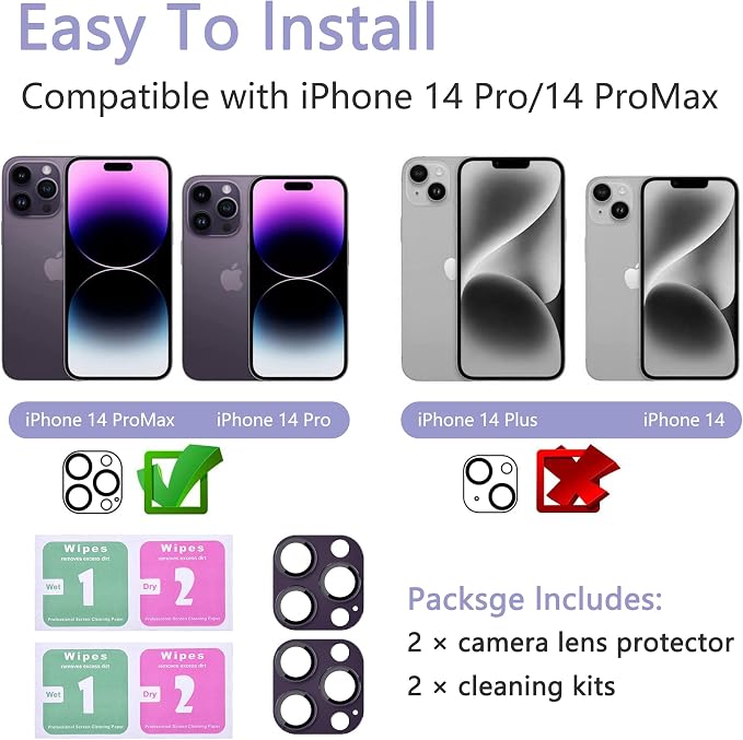 2 Pack Camera Lens Protector for iPhone 14 Pro/14 Pro Max,[Not Easy to Breakn ] AR Tempered Glass Strong Adsorption Metal Camera Cover Screen-Dark purple