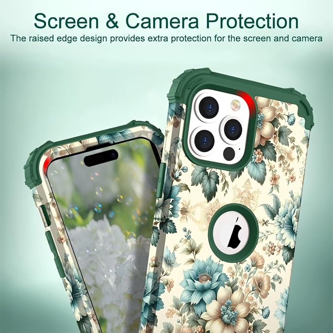 Hocase for iPhone 15 Pro Case, Heavy Duty Shockproof Protection Soft Silicone Rubber Bumper+Hard Plastic Hybrid Protective Case for iPhone 15 Pro 6.1" 2023 - Teal Blue Flowers