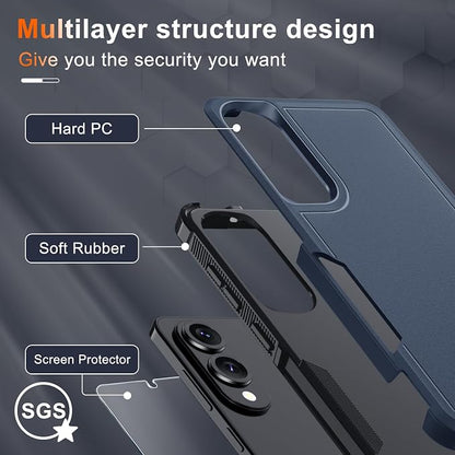 RMOCR Case for Samsung Galaxy S25 Edge, Full Body Heavy Duty Rugged Shockproof Protective Phone Cover with Lanyard Strap, Tempered Glass Screen Protector and Camera Lens Cover, Navy Blue