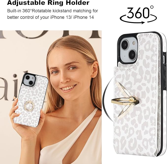 HAOPINSH for iPhone 13/ iPhone 14 Wallet Case with Card Holder, 360°Rotation Ring Kickstand, White Leopard Cheetah Pattern, RFID Blocking Leather for Girls Women, Double Buttons Flip 6.1"