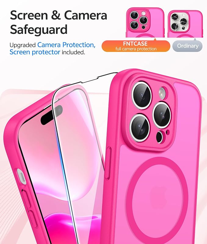 FNTCASE for iPhone 14 Pro Case: [Compatible with Magsafe] Translucent Matte Cases with [Full Camera Protection] [Screen Protector] Military Grade Shockproof Protective Phone Cover - Hot Pink