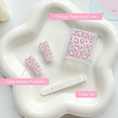 Lovmooful Compatible for iPhone 18W/20W USB-C Charger Cover Clear Lovely Leopard Design Soft Charger Protector Cute Cable Case Saver Protector for Girls Women-Pink Leopard