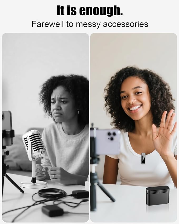 Wireless Lavalier Microphone for iPhone 14/13/12/11 Series, Lapel Mic with All-in-One 24H Charging Case, Noise Reduction, Play Clip Mic for YouTube, TikTok, Podcast, Vlog, Black-Lightning