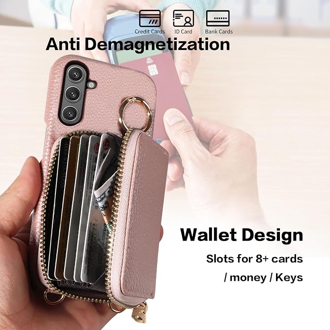 Wallet Case for Samsung Galaxy A56 5G with Shoulder Strap Ring Buckle, Luxury PU Leather Zipper Flip Organ Purse, Credit Card Holder Stand Full Body Cell Phone Cover for A 56 56A LTE Rose Gold