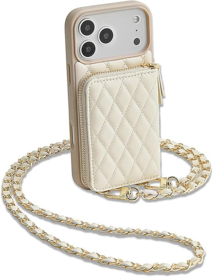 LAMEEKU for iPhone 17 Pro Wallet Case with Card Holder,Crossbody Phone Cover Quilted Leather Zipper Purse 6.3" Beige