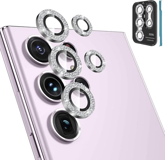 Tensea (3+2PCS for Samsung Galaxy S23 Ultra 5G Camera Lens Protector, 9H Tempered Glass Camera Cover Screen Protector Metal Individual Ring [Installation Tray][Removal tool][Case Friendly]- Glitter