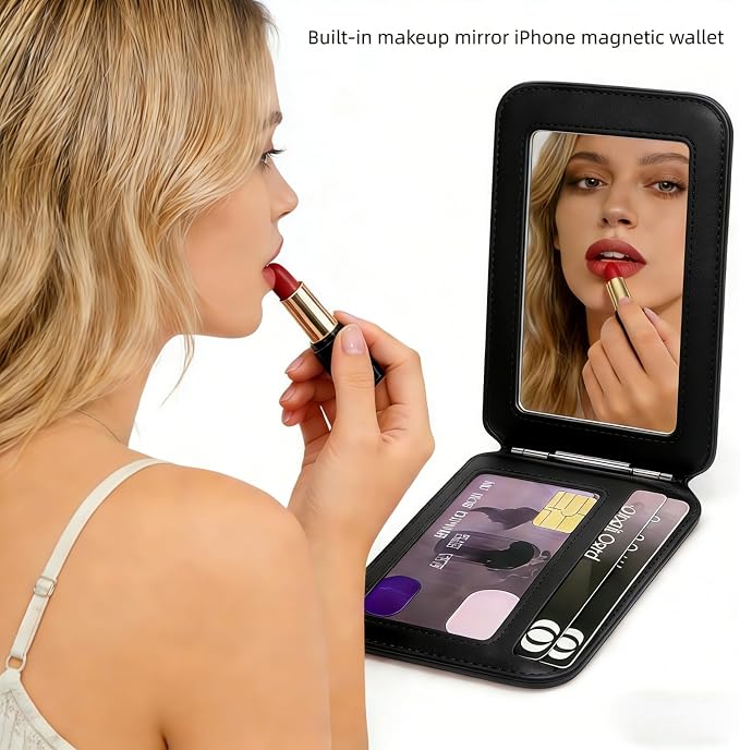 Upgraded for Magsafe Wallet, Strong Magnetic Phone Wallet with Adjustable Stand, Built in Makeup Mirror, 5 Card Holder, RFID Blocking (Black fold)