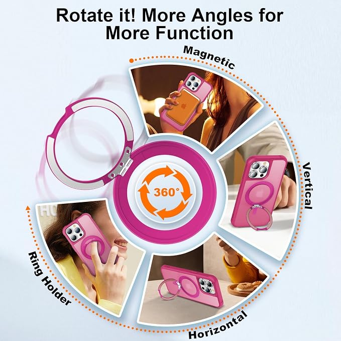 360° Magnetic Swivel Ring for iPhone 15 pro max case, Built-in Metal Stand and Ring Holder, Magsafe Compatible, Military Grade Protection, Shockproof - Rose Pink