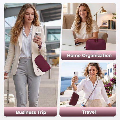 FYY Travel Cable Organizer - 8 Compartments, Lightweight, Water Repellent | With Wrist Strap, Portable Tech Pouch for Cord Charger, Travel and Business Trips Use, Soft Shell Nylon, Wine Red (Medium)