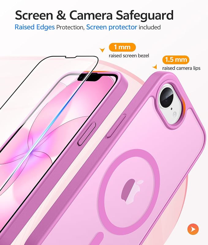 FNTCASE for iPhone 17e Case: iPhone 16e Phone Case [Compatible with Magsafe] Translucent Matte Cases with [Screen Protector] Military Grade Shockproof Protective Phone Cover - Pink
