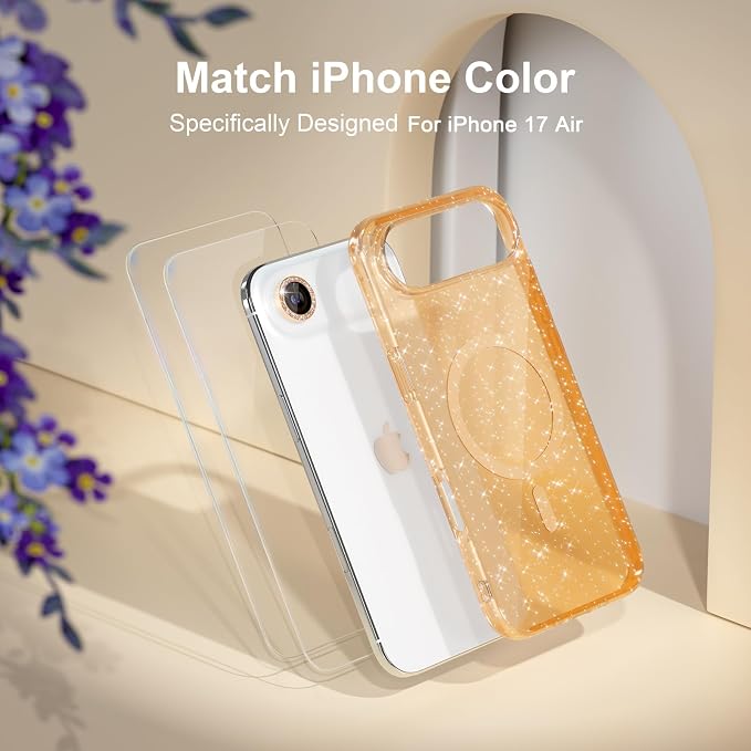 Choiche Magnetic for iPhone 17 Air Case Compatible with MagSafe, Women Cute Glitter Sparkly Phone Case with Diamond Camera Lens Protectors, Military-Grade Drop Protection 6.5" (Gold)
