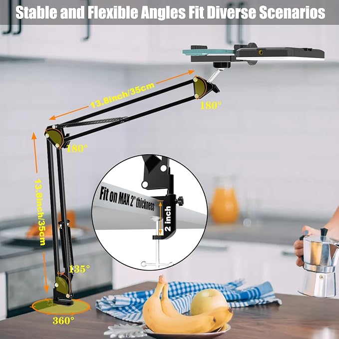 LED Selfie Light with Overhead Phone Mount，USB Powered Video Lighting Kit with Adjustable Arm Stand and 360° Phone Holder, Studio Lighting for Live Streaming, YouTube Videos, Cooking, Drawing