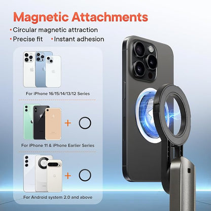 Phone Tripod, 4-in-1 Magnetic Mini Selfie Stick,Pocket Size Selfie Stick with Wireless Detachable Remote Control & 2 Fill Light for Photograph, Vlogging Compatible with iPhone/Android