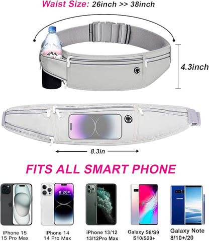 Slim Running Belt for Women Men,Runners Fanny Pack Phone Holder,Money Belt,Running Gear Accessories,with 3 Pockets (Gray)