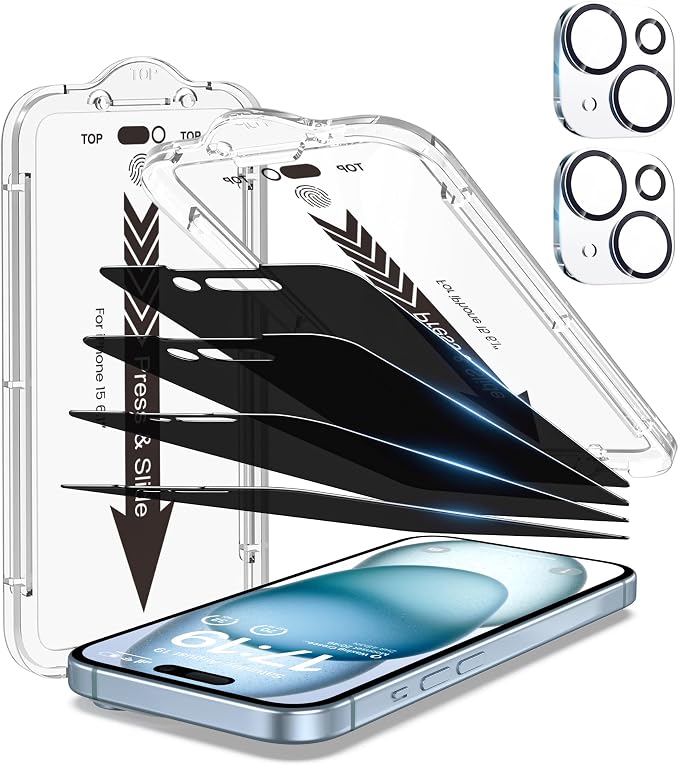 EZ-GLAZ- 4 Pack for iPhone 15 Privacy Screen Protector [6.1"] With 2 Pack Camera Lens Protector, 9H+ Hardness 12FT Military Grade Shatterproof Scratch Resistant Durable Tempered Glass Film with Flawless Fit Kit