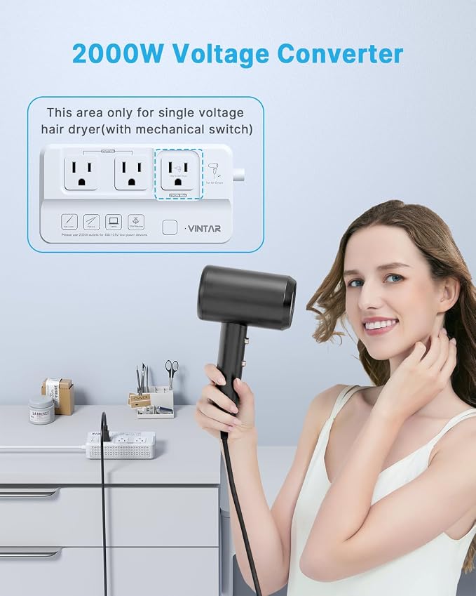 VINTAR 2000W 220V to 110V Converter for Hair Dryers, Universal Travel Adapter Voltage Converter US to Europe with 4 USB Ports(2 USB C), International Step Down Transformer for EU UK JP AU India SA