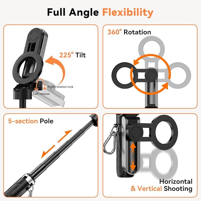 CloudValley Magnetic Mini Selfie Stick Tripod, 4-in-1 Pocket Size Phone Tripod with 360° Rotation, Choice Rechargeable Bluetooth Remote, Foldable Handle Grip, Compatible with MagSafe iPhone