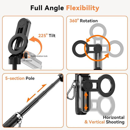 CloudValley Magnetic Mini Selfie Stick Tripod, 4-in-1 Pocket Size Phone Tripod with 360° Rotation, Choice Rechargeable Bluetooth Remote, Foldable Handle Grip, Compatible with MagSafe iPhone