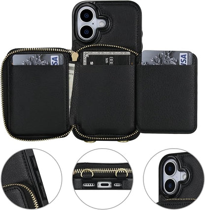 Bocasal RFID Blocking Wallet Case for iPhone 17, Adjustable Crossbody Zipper Purse Case Card Holder with Kickstand Detachable Wrist Strap, PU Leather Flip Folio Case 6.3 Inch 5G (Black)
