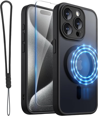 ROYBENS for iPhone 15 Pro-Max Matte Clear Case Compatible with Magsafe, Full Camera Lens Protection, Screen Protector, Wrist Strap, Translucent Magnetic Slim Hard Protective Phone Cover, Black
