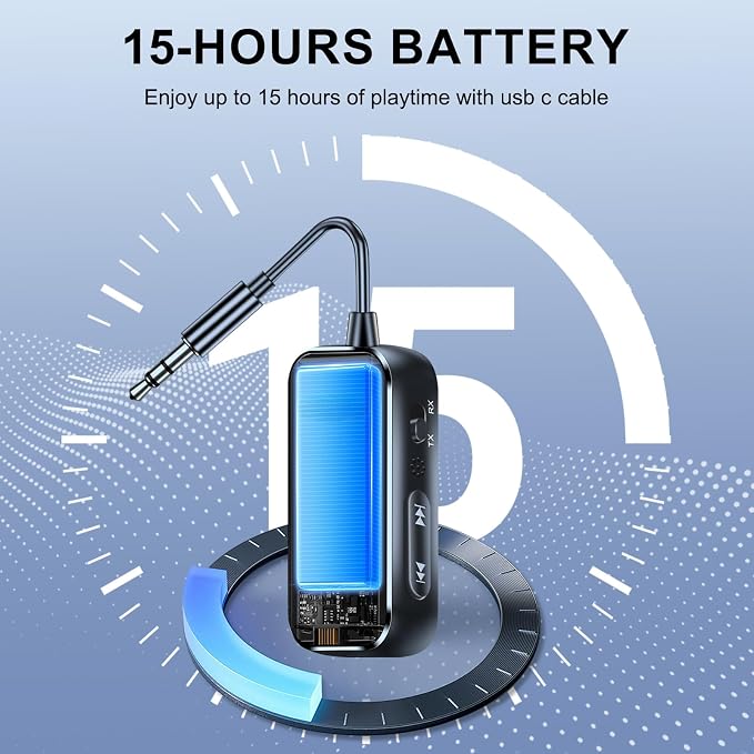 Bluetooth 5.4 Transmitter Receiver, 2-in-1 Wierless Audio Adapter with 3.5mm Aux Jack for TV, PC,Airplane, Cars, Home Stereo|HD Audio&Low Latency | Handsfree Calls |15H Battery Life