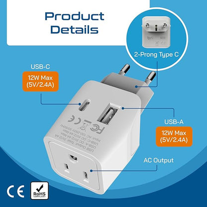 Ceptics European, Egypt Travel Adapter Plug with Dual USB - Type C - Europe - Usa Input - Light Weight - Perfect for Cell Phones, Chargers, Cameras and More - 2 Pack