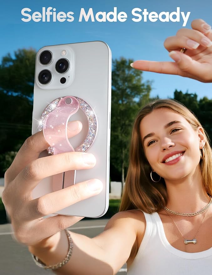 for MagSafe Phone Grip for iPhone - Glitter Magnetic Phone Ring Holder for Women Girs - Comfortable Stylish Finger Phone Loop Grip for iPhone 17/16/15/14/13/12,Glitter Pink