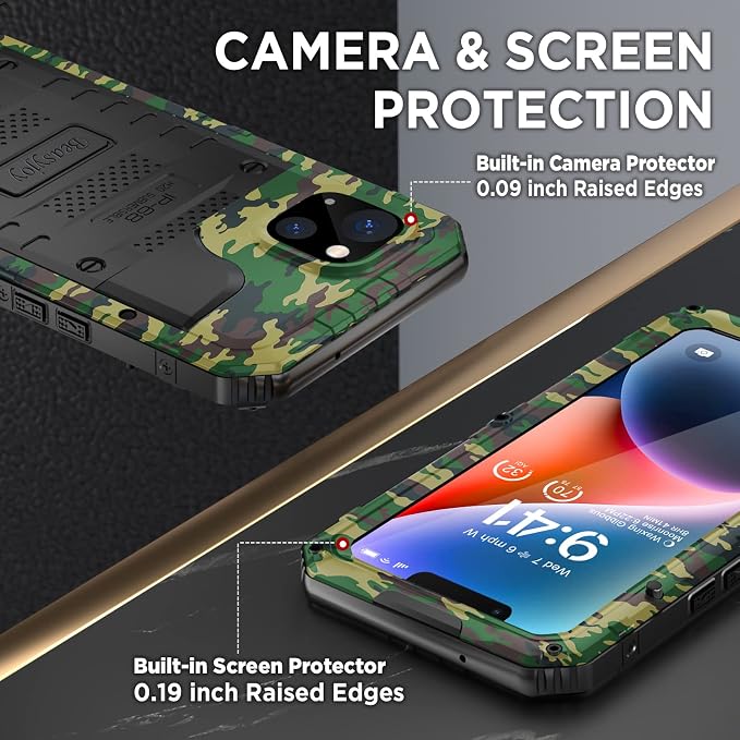 Beasyjoy for iPhone 14 Plus Case, IP68 Waterproof Metal Heavy Duty Defender Case with Built-in Screen Protector, Military Grade Full Body Protective Defender Shockproof Rugged Cover 6.7 Inch, Camo