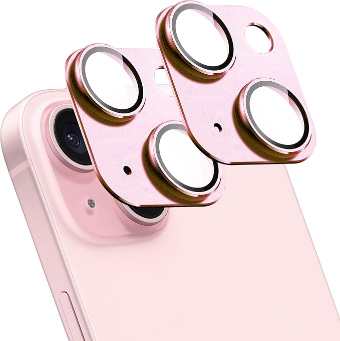 2 Pack Camera Lens Protector for iPhone 15/15 Plus,Metal AR Tempered Glass Rear Camera Screen Cover,Anti-Scratch,Strong Adsorption,Case Friendly, Easy to Install-Pink
