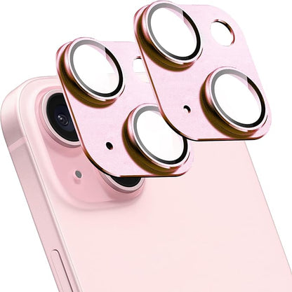 2 Pack Camera Lens Protector for iPhone 15/15 Plus,Metal AR Tempered Glass Rear Camera Screen Cover,Anti-Scratch,Strong Adsorption,Case Friendly, Easy to Install-Pink