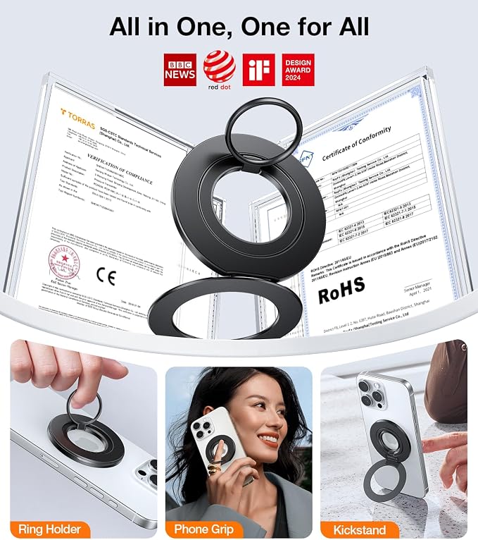 TORRAS Upgrade Gen2.0 (Dual-Ring) Fit for MagSafe Phone Grip Ring Holder, Kickstand Magnetic, Compatible with MagSafe Accessories for iPhone 16/15/14/13/12/11 Samsung, Google, Android, Matte Black