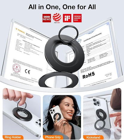 TORRAS Upgrade Gen2.0 (Dual-Ring) Fit for MagSafe Phone Grip Ring Holder, Kickstand Magnetic, Compatible with MagSafe Accessories for iPhone 16/15/14/13/12/11 Samsung, Google, Android, Matte Black