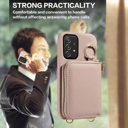 Wallet Case for Samsung Galaxy A52/A52S 5G with Shoulder Strap Ring Buckle, PU Leather Zipper Organ Purse, Credit Card Holder Stand Cell Phone Cover for A 52 S 4G G5 52A S52 52S Women Men Khaki