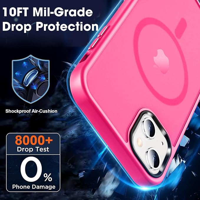 MOCCA Strong Magnetic for iPhone 13 Case, [Compatible with Magsafe][Screen Protector+Camera Lens Protector] Translucent Matte Back Slim Shockproof Case for iPhone 13 Phone Case 6.1", Hot Pink